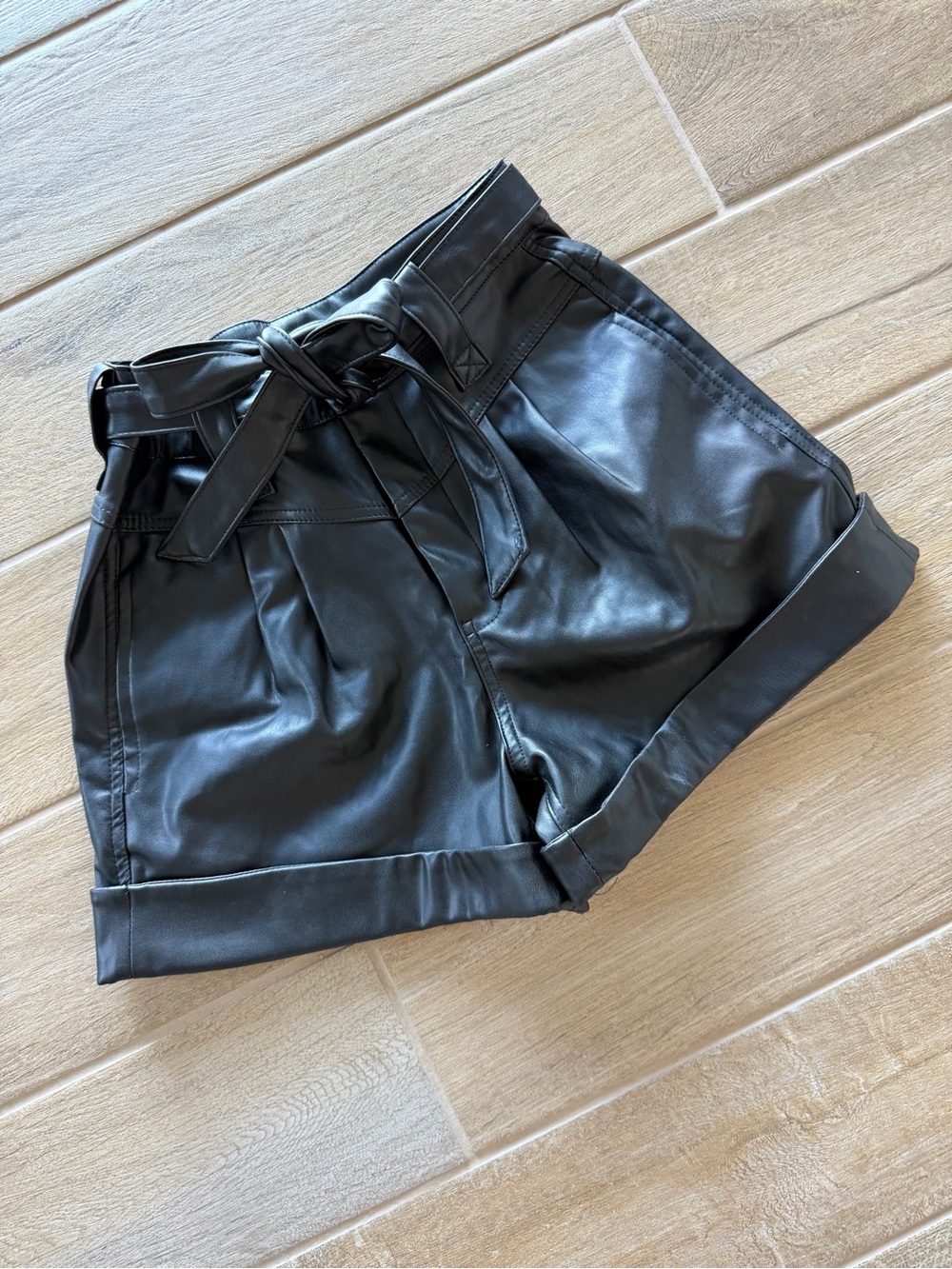 Fashion Nova Black Faux Leather High-Waist Paperbag Shorts with Tie Belt